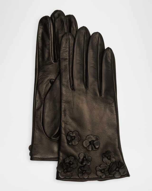 Leather Gloves W/ Floral Appliques